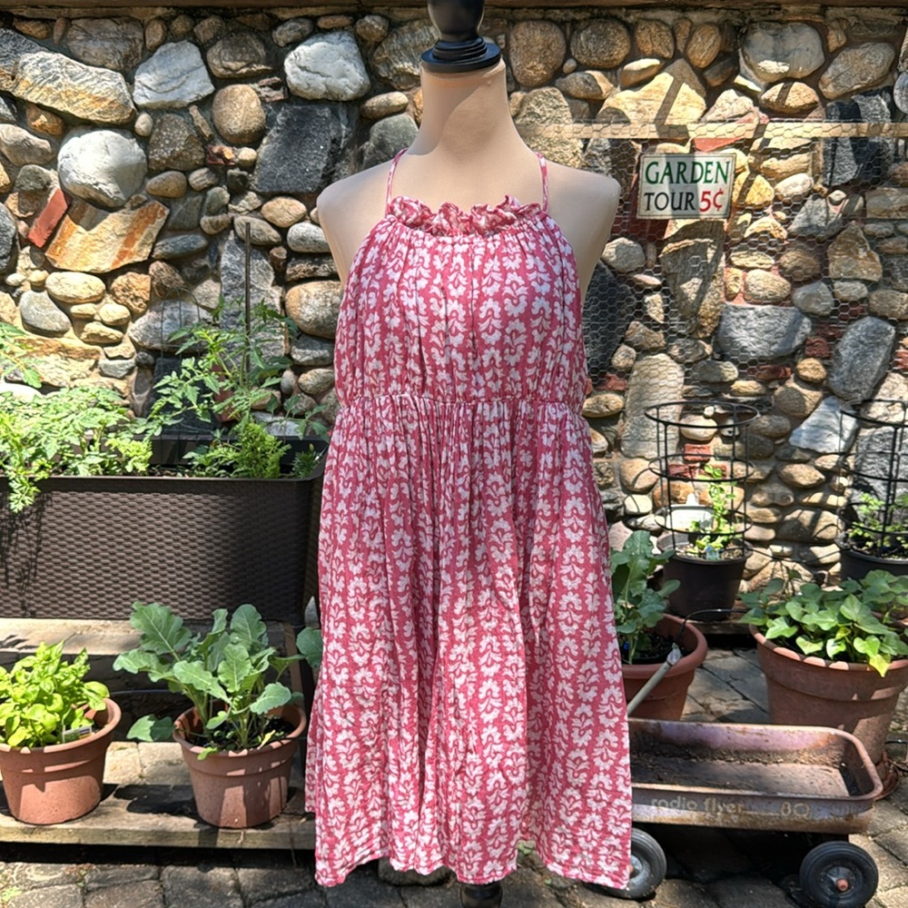 Anthropologie Mauve Pink White Print Cotton Gauze Halter Back Dress Size M